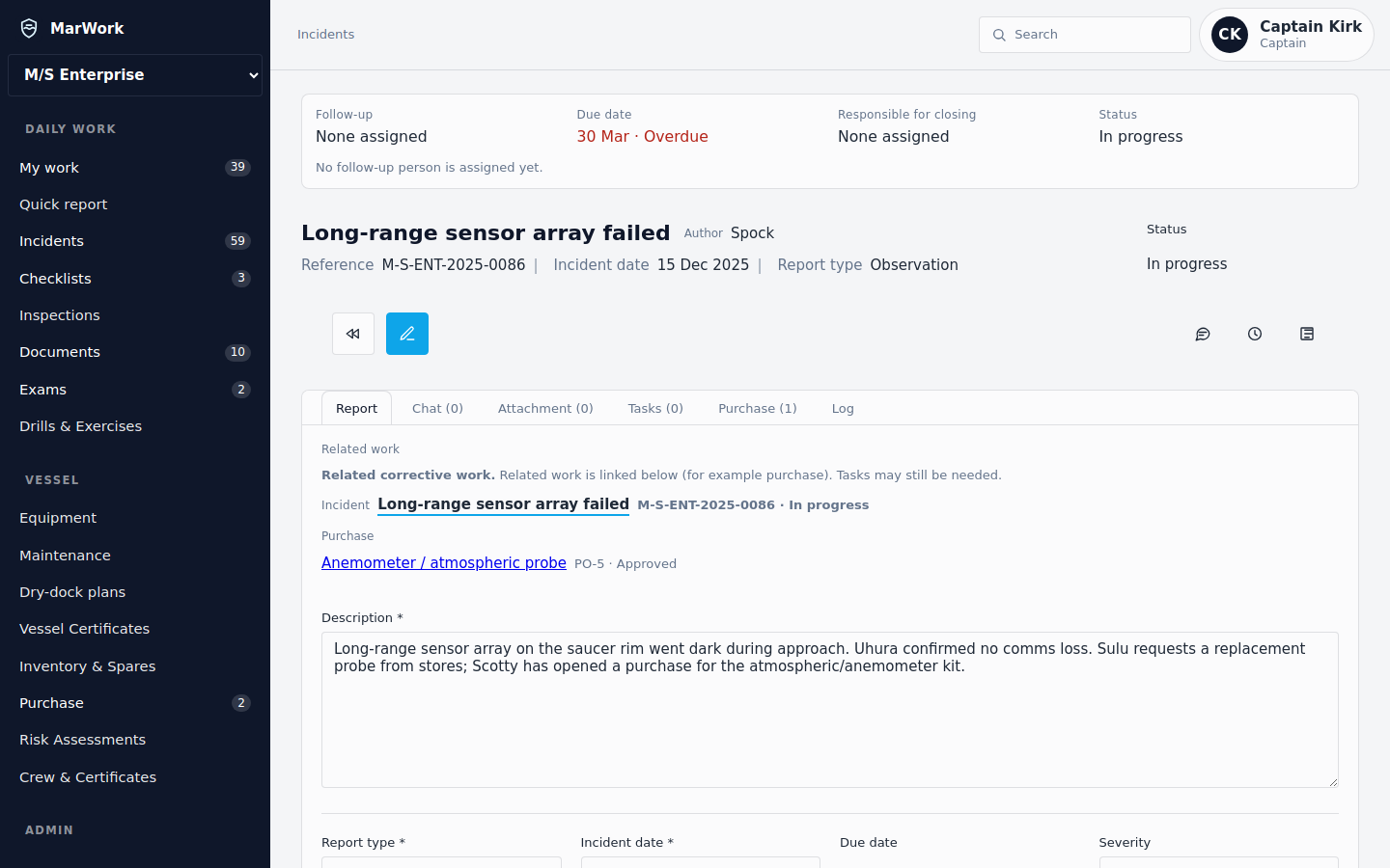 MarWork incident detail with report, chat, attachments, tasks and purchase tabs.