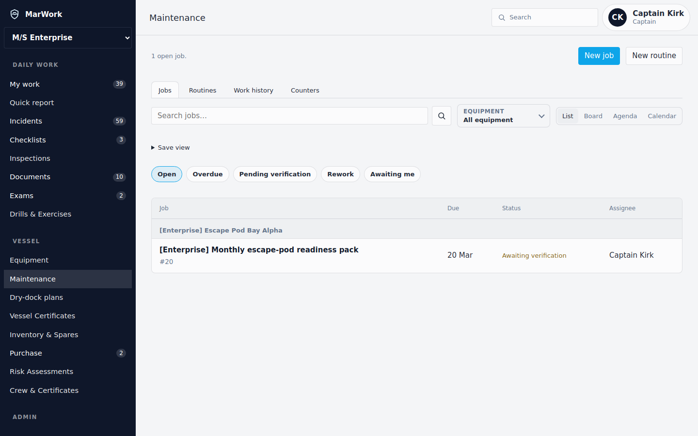 MarWork maintenance jobs list for the vessel, with open jobs and status filters.