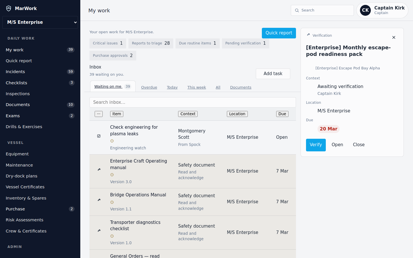MarWork My work inbox for M/S Enterprise, with attention counts and a selected item open in the detail panel.