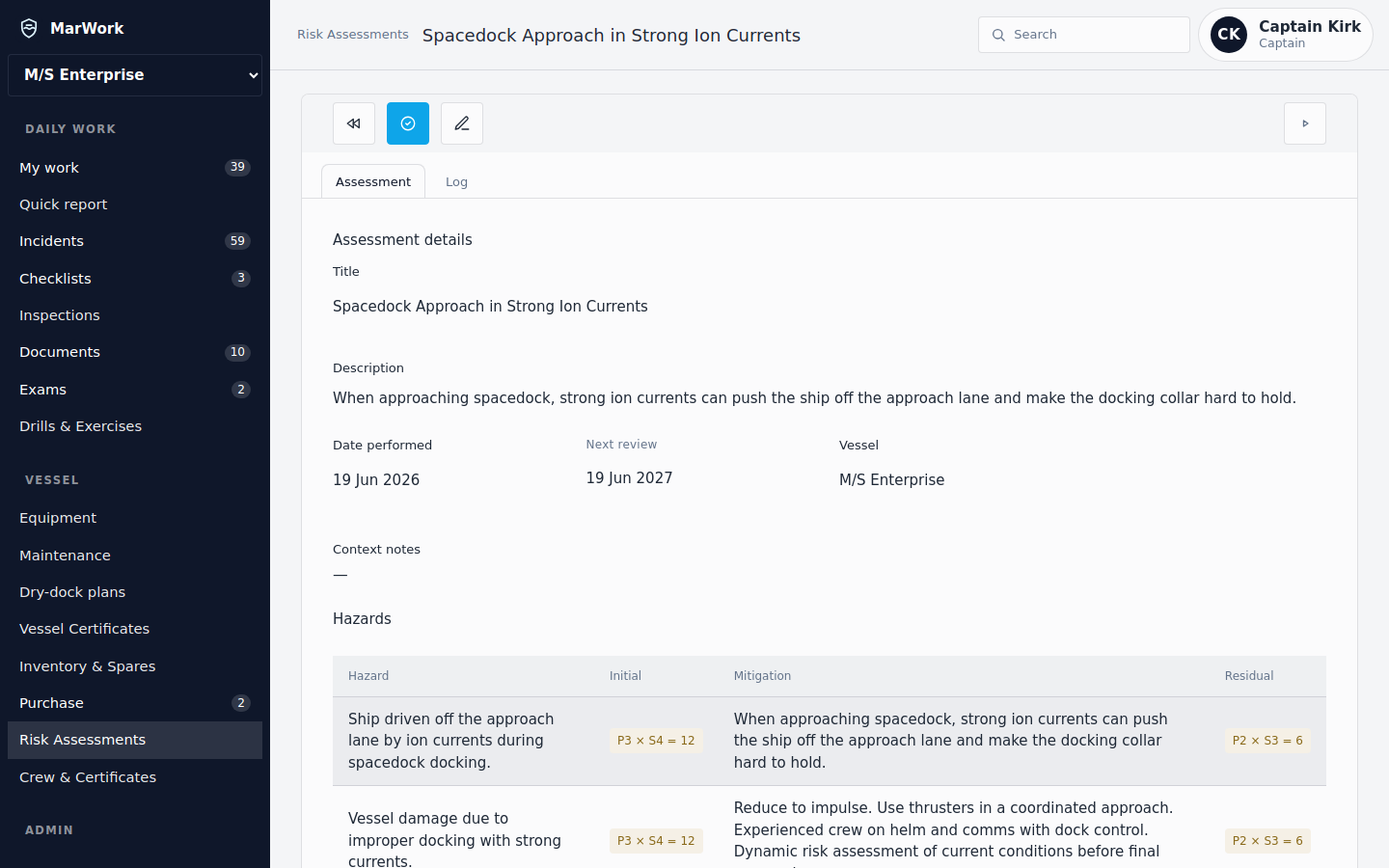 MarWork risk assessment view.
