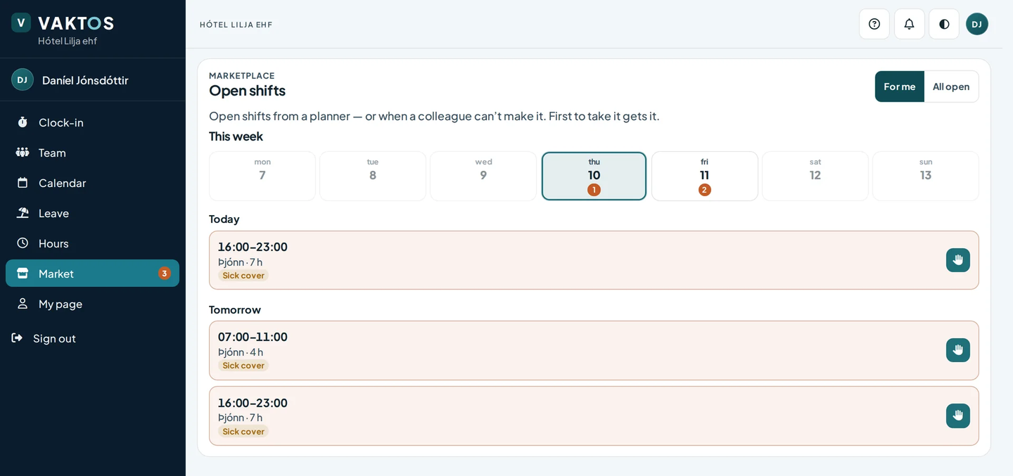 Vaktos marketplace showing open shifts that eligible colleagues can claim, including sick cover for a hotel team.